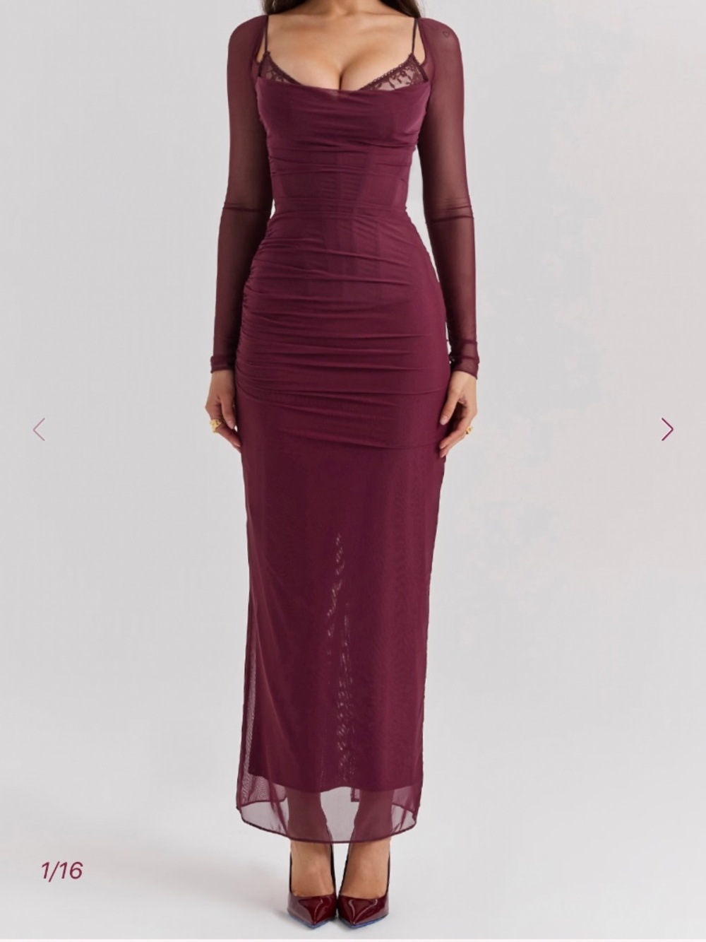 House of CB Burgundy Long Sleeve Mesh Gown
